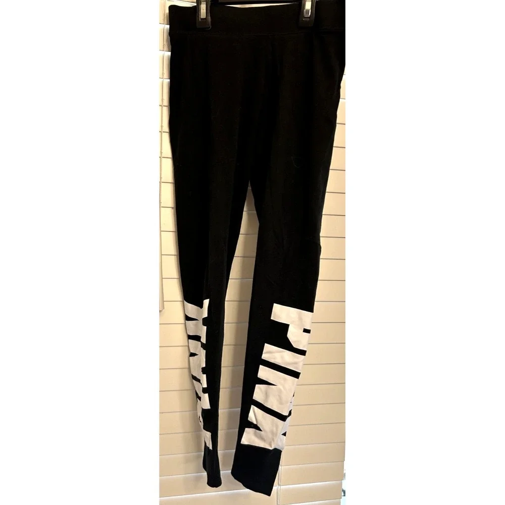 Womens Victoria's Secret Pink Logo Ankle Leggings Black Spell Out on Sides SMALL
